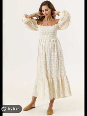 Smocked Off-Shoulder Cream Floral Maxi Dress